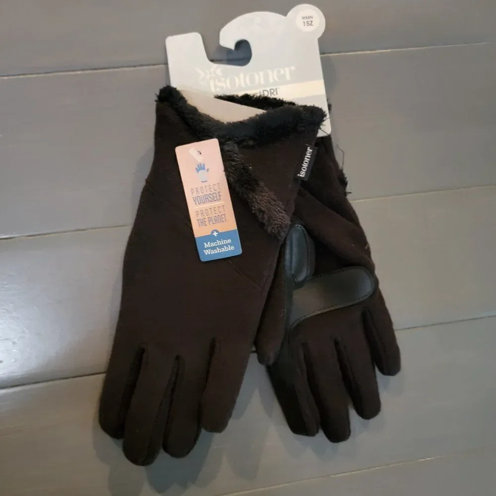 Isotoner Women Lined Recycled Stretch Fleece Water Repellant Gloves One …